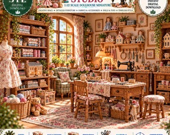 May include: A 1:12 scale miniature dollhouse studio digital download featuring a wooden desk, sewing machine, chairs, shelves filled with fabric rolls, baskets of yarn, floral decor, and dolls. The scene includes text reading Miniature Dollmaker's Studio.