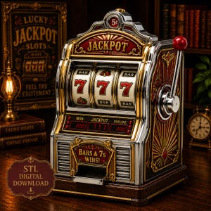 May include: A vintage-style slot machine featuring a chrome and dark red finish with a side lever topped by a red ball. The display shows three reels with 7s and BAR symbols, a 5 cent coin slot, and a plaque reading BARS & 7s WINS! with digital displays.