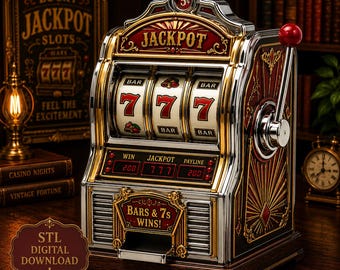 May include: A vintage-style slot machine featuring a chrome and dark red finish with a side lever topped by a red ball. The display shows three reels with 7s and BAR symbols, a 5 cent coin slot, and a plaque reading BARS & 7s WINS! with digital displays.