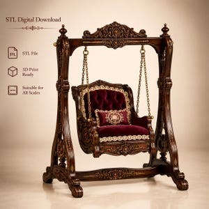May include: A dark brown wooden swing chair with intricate carvings, suspended by metal chains from a matching frame. The seat features deep red velvet upholstery, tufted detailing, and cream-colored lace trim. Text reads: STL Digital Download.