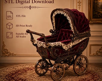 Könnte beinhalten: Eine 3D-druckbare STL-Datei eines Kinderwagens im Vintage-Stil mit tiefburgunderrotem Samtbezug, detaillierten Verzierungen in dunkler Holzoptik und cremefarbener Spitzenborte. Der Text lautet: STL Digital Download, STL File, 3D Print Ready, Suitable for All Scales.