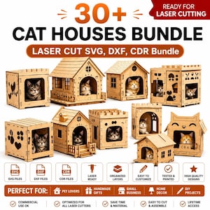 Pode incluir: Um pacote digital de mais de 30 designs de casas para gatos para corte a laser, com várias estruturas de madeira com recortes. A imagem exibe vários modelos de casas montadas, cada uma com um gato, ao lado de ícones de formatos.