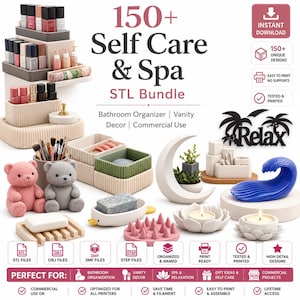 Puede incluir: Una colección digital de más de 150 archivos STL de cuidado personal y spa para impresión 3D, que incluye organizadores de baño, decoración de tocador, figuras de osos, una maceta de luna, una escultura de ola y portavelas de loto.