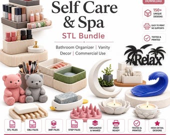 May include: A digital collection of 150+ self-care and spa STL files for 3D printing, featuring bathroom organizers, vanity decor, bear-shaped figures, a moon-shaped planter, a blue wave sculpture, lotus candle holders, and soap dishes.