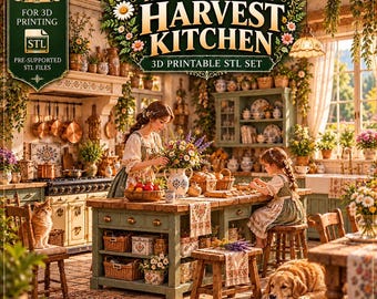 May include: A 3D printable STL set titled The Cottagecore Harvest Kitchen, featuring a digital illustration of a kitchen with a person and child at a wooden island, a cat on a chair, a dog on the floor, and various kitchenware.