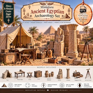 Op de afbeelding: Een digitale downloadset met 1:12 schaal miniatuurmodellen van Egyptische archeologie, inclusief een tent, werktafel, kruk, krat, aardewerk, standbeeld, zuil, graafgereedschap en een landmeetkundige kijker. Bevat gedetailleerde 3D-printbestanden.