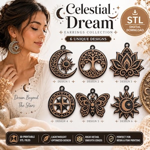Celestial Dream Earrings STL Bundle | Moon, Sun, Tree of Life, Lotus, Butterfly (Digital Download)