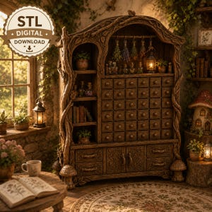 May include: A wooden apothecary cabinet featuring a central grid of small drawers, side shelving, and lower storage compartments, all adorned with carved tree branch and leaf motifs. The unit includes a digital download label and is styled with hanging dried herbs and glass bottles.