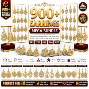 Può includere: Una collezione digitale di oltre 900 design di orecchini in un mega pacchetto, con intricati motivi in filigrana dorata a forma di goccia, cuore e geometrici. Include formati di file EPS, SVG, PNG e DXF per taglio laser e CNC.