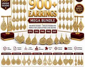 May include: A digital collection of 900+ earring designs in a mega bundle, featuring intricate gold-toned filigree patterns in teardrop, heart, and geometric shapes. Includes file formats like EPS, SVG, PNG, and DXF for laser cutting and CNC.