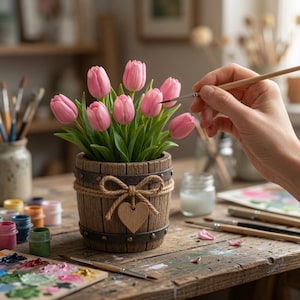 Miniature Tulip Planter STL | Rustic Wooden Flower Pot (Digital Download)