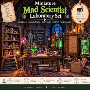 May include: A 1:12 scale miniature mad scientist laboratory set featuring a wooden desk, shelves filled with potion bottles, a chalkboard with a skeleton diagram, and various scientific equipment. The set includes digital STL files for 3D printing.