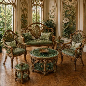 May include: A furniture set featuring a wooden sofa and two matching chairs with carved leaf-shaped backrests, green upholstered cushions, and floral throw pillows. A round coffee table and a small side table with green marble tops are included.