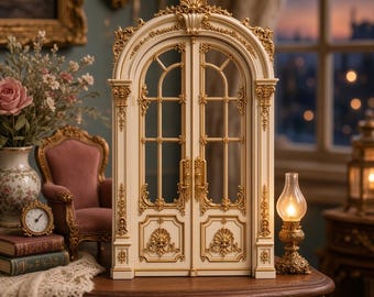 May include: A miniature arched double door frame featuring cream-colored panels with intricate gold-toned filigree and scrollwork detailing. The structure includes a central pediment, vertical side columns, and rectangular lower panels with embossed floral motifs.