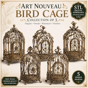 Puede incluir: Una colección de cinco jaulas para pájaros en miniatura de color bronce para impresión 3D. El texto dice: ART NOUVEAU BIRD CAGE, COLLECTION OF 5, Elegant, Ornate, Botanical, Timeless, STL DIGITAL DOWNLOAD, MINIATURE MODELS 1:12, 5 UNIQUE DESIGNS.