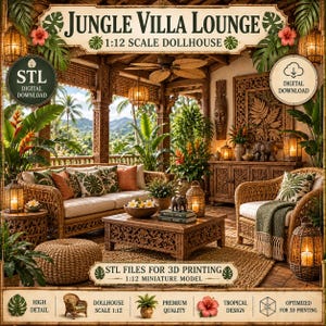 May include: A 1:12 scale dollhouse digital download titled Jungle Villa Lounge. The image displays a miniature tropical living room with wicker furniture, a coffee table, a sofa, and decorative lanterns. Includes STL files for 3D printing.