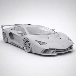 May include: A matte light gray sports car model featuring an aerodynamic body, sharp angular headlights, large multi-spoke wheels, side air intakes, and a prominent rear wing. The vehicle displays a low-profile stance with a sleek hood design.