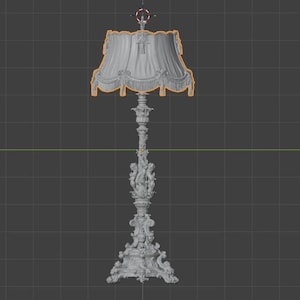 May include: A grey 3D digital model of a floor lamp featuring a wide, pleated lampshade with decorative fringe and tassels. The lamp base is highly ornate, showcasing intricate carvings of cherubs and scrolling floral motifs on the stand.
