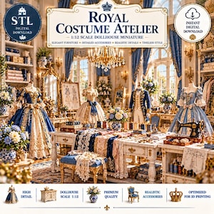 May include: A 1:12 scale dollhouse miniature set titled Royal Costume Atelier, featuring a workshop with mannequins in blue and gold period gowns, a sewing table with lace, a chandelier, and various sewing accessories for 3D printing.