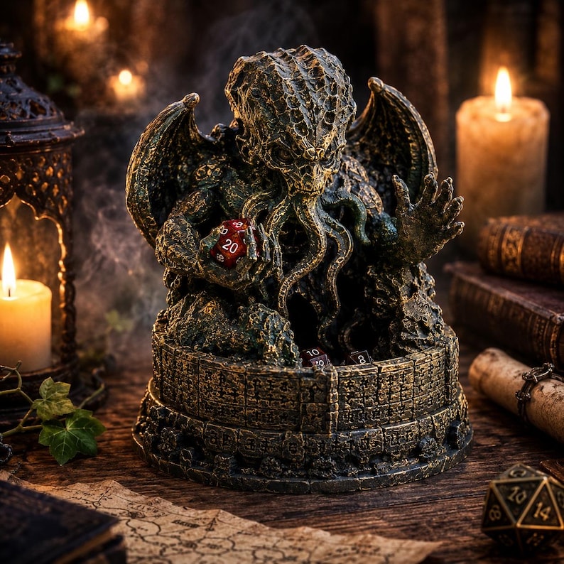 May include: A dark, textured resin dice tower featuring a Cthulhu-like creature with tentacles and wings, seated within a circular stone-patterned base. The creature holds a red twenty-sided die, while other dice are visible inside the tower base.