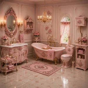 May include: A bathroom interior featuring a pink clawfoot bathtub with gold hardware, a matching pink vanity with an ornate oval mirror, a pink toilet, a gold chandelier, and a pink floral rug. The walls are decorated with pink floral wallpaper.