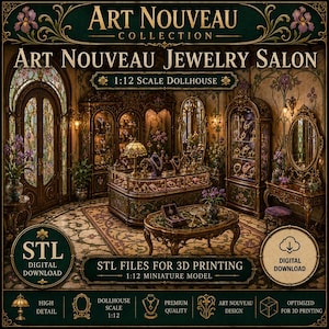Puede incluir: Un modelo en miniatura de casa de muñecas a escala 1:12 de un salón de joyería Art Nouveau, con archivos STL para impresión 3D. El interior incluye vitrinas ornamentadas, un mostrador central de cristal, una mesa y espejos con motivos florales.