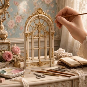 May include: A cream-colored arched window frame miniature featuring intricate gold filigree detailing. The decorative piece stands upright, showcasing ornate scrollwork and vertical panes, crafted with a classic aesthetic for display purposes.