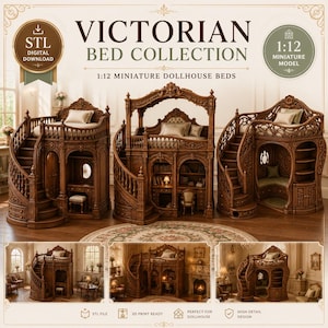May include: A digital download collection of three 1:12 scale miniature Victorian dollhouse beds featuring intricate wood-carved details, spiral staircases, and integrated furniture like desks and shelving units, presented as 3D print ready STL files.
