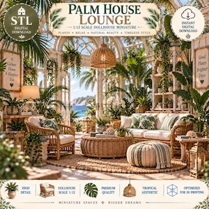 Può includere: Un set in miniatura per casa delle bambole in scala 1:12 intitolato Palm House Lounge, con mobili in vimini, un tavolino rotondo, una lampada a sospensione intrecciata e piante in vaso per la stampa 3D di una stanza tropicale.