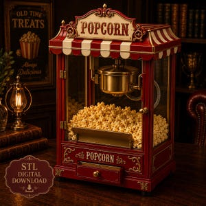 May include: A vintage-style red and cream popcorn machine with a glass enclosure, a brass-coloured kettle, and a bottom drawer. The machine features the word POPCORN printed on the top canopy and the base. A digital download label is visible.