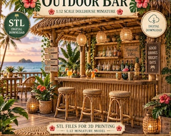 May include: A 1:12 scale dollhouse miniature tropical outdoor bar STL digital download. The structure features bamboo construction, three woven stools, shelves with bottles, and hanging lights. Text includes Tropical Outdoor Bar, 1:12 Scale Dollhouse Miniature, Sand Sun Drinks Good Times, Tropical Vibes, and Good Drinks Bright Days.