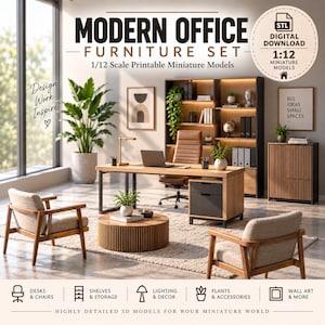 Puede incluir: Un conjunto de muebles de oficina modernos en miniatura imprimibles a escala 1:12 que incluye escritorio, silla, estantería, armario y mesa de centro. La descarga digital incluye el texto Modern Office Furniture Set, 1:12 Scale Printable Miniature Models, Design Work Inspire y Big Ideas Small Spaces.