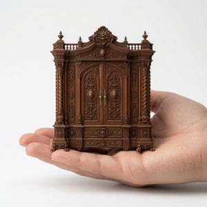 May include: A miniature brown wooden wardrobe featuring intricate carvings, including lion head motifs on the two doors and a central crest. The piece has detailed columns, decorative molding, and small feet, showcasing elaborate craftsmanship.
