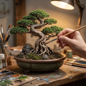 Könnte beinhalten: Ein Miniatur-Bonsai mit einem strukturierten, knorrigen Stamm und leuchtend grünem Laub, gepflanzt in einer flachen, runden, salbeigrünen Keramikschale. Der Baum steht auf einer Holzoberfläche neben kleinen Farbtöpfen und einer Palette.