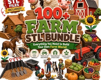 May include: A digital collection of 3D printable farm-themed models featuring a red barn, tractor, various livestock including a cow, sheep, and pig, farm workers, tools, and produce. The text reads 100+ FARM STL BUNDLE and ENDLESS POSSIBILITIES.
