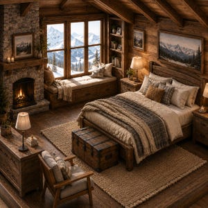 Puede incluir: Un dormitorio rústico con estructura de cama de madera, ropa de cama beige y gris, un baúl de madera oscura a los pies, una chimenea de piedra, un asiento junto a la ventana con vistas a la montaña, un sillón de madera y dos lámparas.