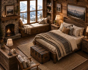 May include: A rustic bedroom featuring a wooden bed frame with beige and gray bedding, a dark wooden storage chest at the foot, a stone fireplace, a window seat with mountain views, a wooden armchair, and two bedside lamps in a warm cabin setting.