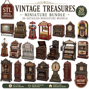 May include: A digital download bundle of 26 detailed miniature models titled Vintage Treasures. The collection features various retro items including a television, cash register, gumball machines, popcorn cart, radio, clock, jukebox, slot machine, soda fountain, record player, chair, newsstand, cigarette machine, fortune teller, post boxes, and hotel desk.