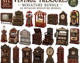 May include: A digital download bundle of 26 detailed miniature models titled Vintage Treasures. The collection features various retro items including a television, cash register, gumball machines, popcorn cart, radio, clock, jukebox, slot machine, soda fountain, record player, chair, newsstand, cigarette machine, fortune teller, post boxes, and hotel desk.