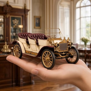 May include: A miniature vintage-style automobile model featuring a cream-coloured body, deep burgundy tufted leather-look seats, and gold-toned spoked wheels. The vehicle includes a prominent front grille, brass-coloured headlights, and a windscreen frame.