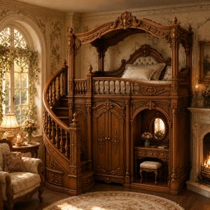 May include: A large, ornate wooden loft bed featuring a curved staircase with balusters, a canopy top, and a built-in lower level containing a two-door wardrobe and a vanity area with a mirror, small table, and a cushioned stool.