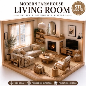 May include: A 1:12 scale dollhouse miniature set featuring a modern living room with a beige sectional sofa, a round wooden coffee table, a fireplace, a television, a wooden armchair, woven baskets, shelves, and decor, labeled MODERN FARMHOUSE LIVING ROOM.