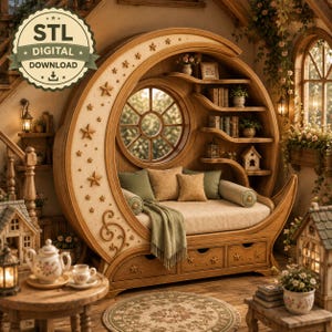 Puede incluir: Un diván de madera en forma de media luna con ventana circular, estanterías integradas y tres cajones. Incluye un colchón beige, cojines verdes y marrones, y una manta verde. El texto dice STL DIGITAL DOWNLOAD.
