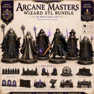 May include: A digital download bundle titled Arcane Masters Wizard STL Bundle for 3D printing. It features six wizard figurines in dark robes with purple accents, plus miniature structures including thrones, an observatory, lab, portals, and furniture.