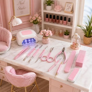 Può includere: Un set da studio per unghie in miniatura con una lampada UV bianca, strumenti in metallo rosa tra cui pinzette, spingicuticole, forbici e tronchesine, insieme a lime e blocchi lucidanti rosa su una scrivania in marmo bianco.