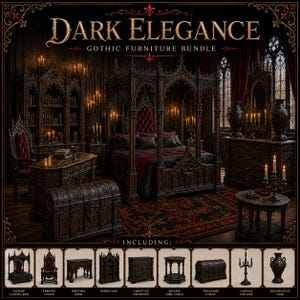May include: A Dark Elegance Gothic furniture bundle featuring a canopy bed, throne chair, writing desk, bookcase, chest of drawers, round side table, treasure chest, candle holder, and decorative vase, all with ornate dark wood carvings.