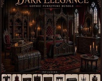 May include: A Dark Elegance Gothic furniture bundle featuring a canopy bed, throne chair, writing desk, bookcase, chest of drawers, round side table, treasure chest, candle holder, and decorative vase, all with ornate dark wood carvings.