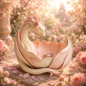 Pu&ograve; includere: Statuetta di drago color crema con dettagli rosa, posta in una ciotola a forma di petalo. Il drago ha una rosa sulla testa ed &egrave; circondato da petali rosa e un gioiello. Il tema &egrave; fantasy e floreale, con colori tenui.