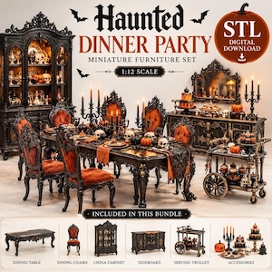 May include: A 1:12 scale miniature furniture set titled Haunted Dinner Party, featuring a black dining table, chairs with orange upholstery, a china cabinet, sideboard, and serving trolley, all adorned with skulls, pumpkins, and candles.