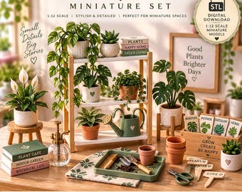 May include: A 1:12 scale miniature indoor plant set featuring a three-tier wooden shelf, various potted plants, a green watering can, gardening tools on a tray, a plant mister, stacked books, and a wooden crate with plant labels.